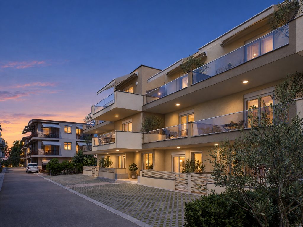 Catherina Residence street corner at blue hour with downlights and rooms lit
