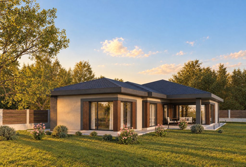 Chelopech Residence garden corner and covered terrace at golden hour