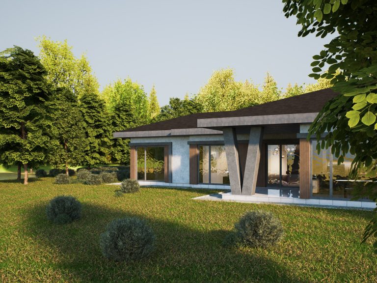 Chelopech Residence design exploration: early V-column facade concept, garden view
