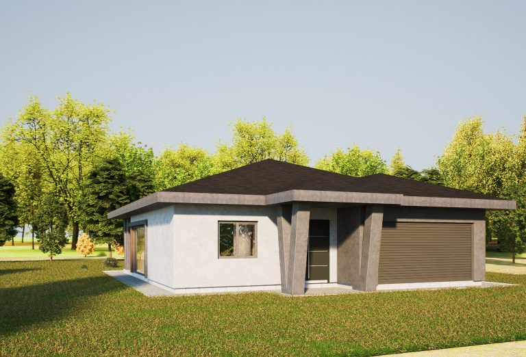 Chelopech Residence design exploration: early V-column facade concept, entry view