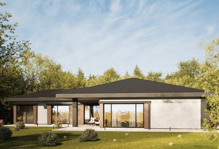 Chelopech Residence design exploration: white plaster palette study, garden view