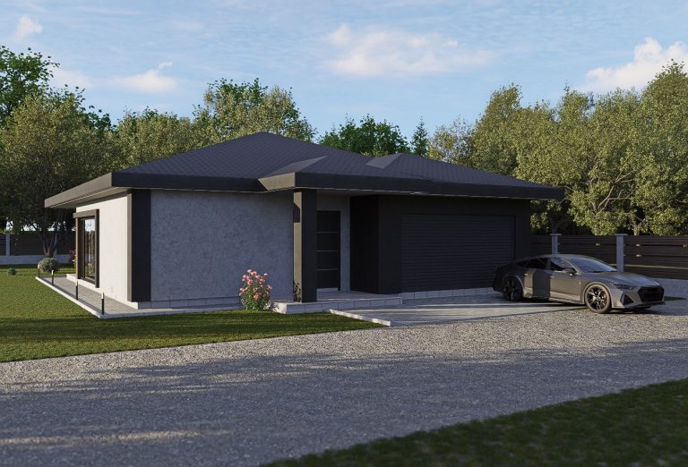 Chelopech Residence design exploration: dark palette study, entry view