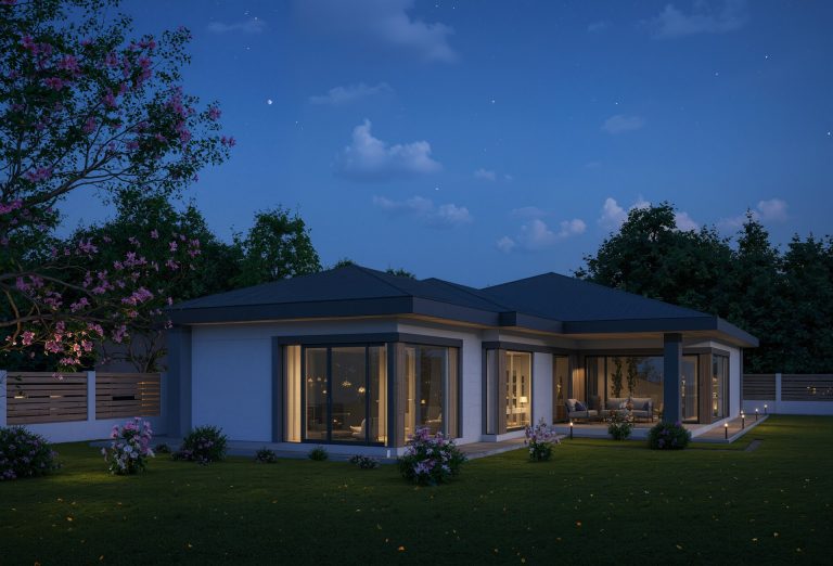 Chelopech Residence design exploration: night lighting style test, garden corner