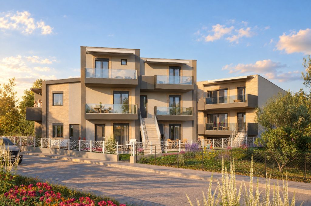 Desi Residence street front at golden hour, low sun raking across balconies and glass balustrades