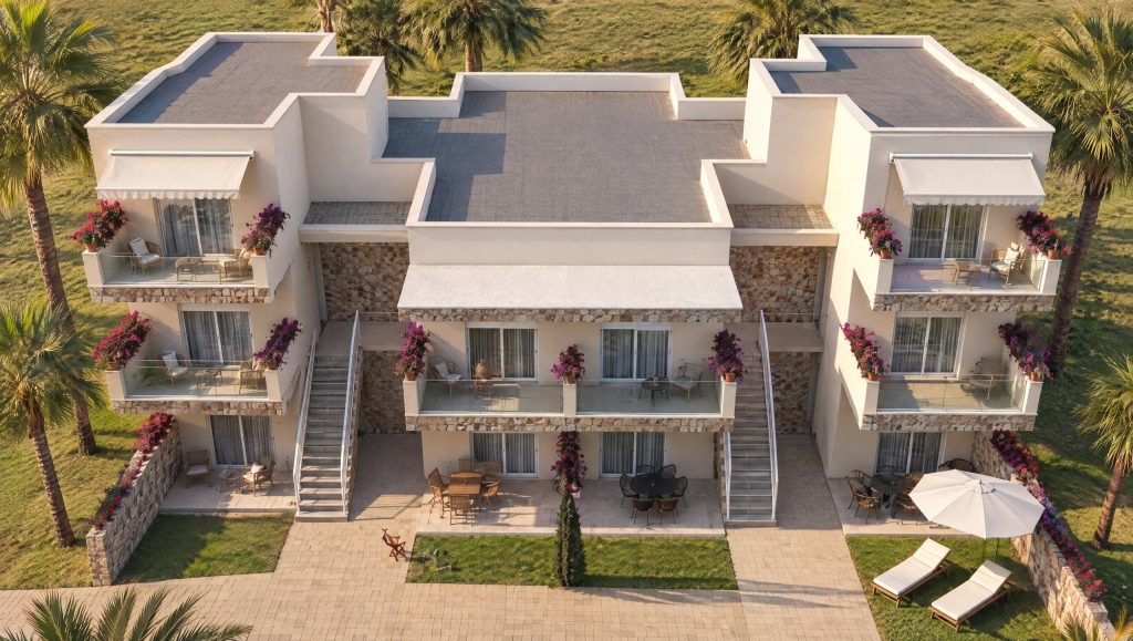 Galini Gardens exterior at golden hour
