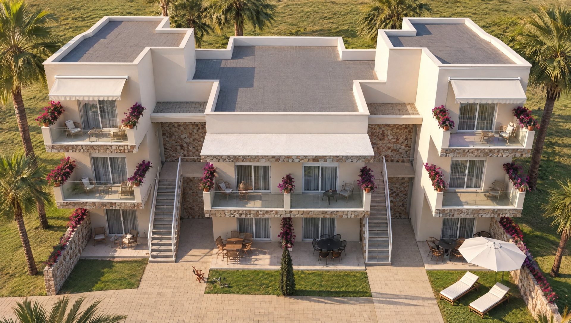 Galini Gardens exterior at golden hour