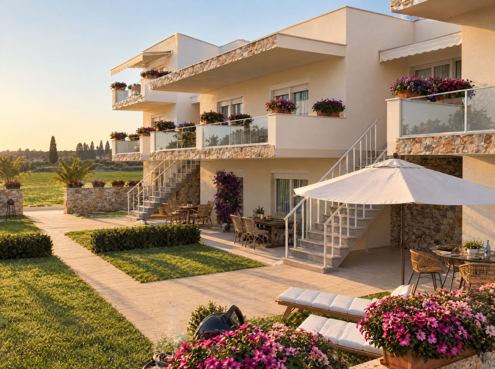 Galini Gardens exterior at golden hour