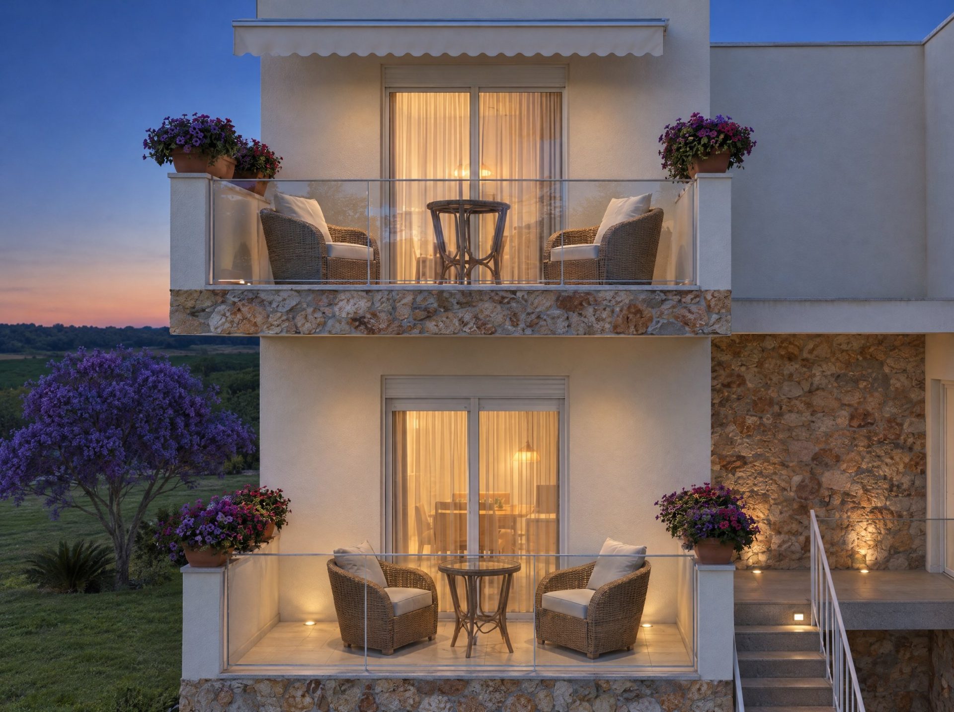 Galini Gardens exterior at blue hour