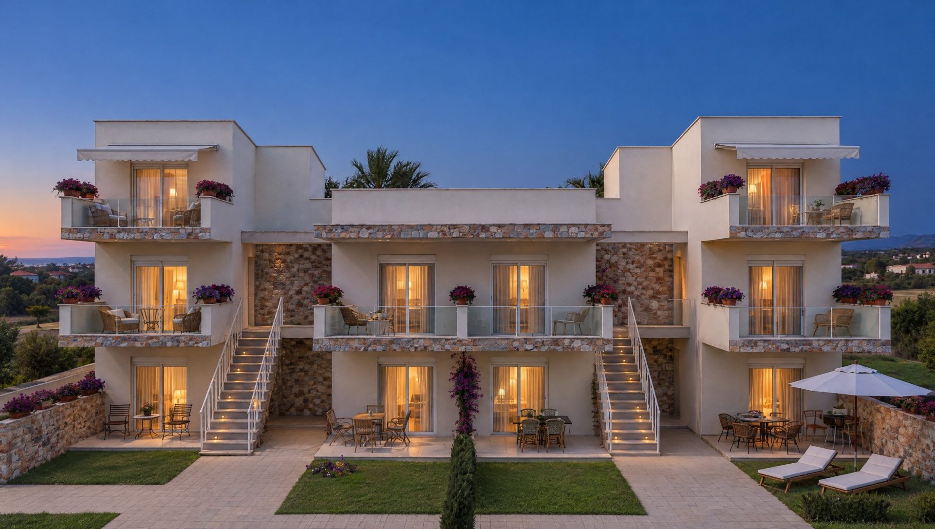 Galini Gardens exterior at blue hour