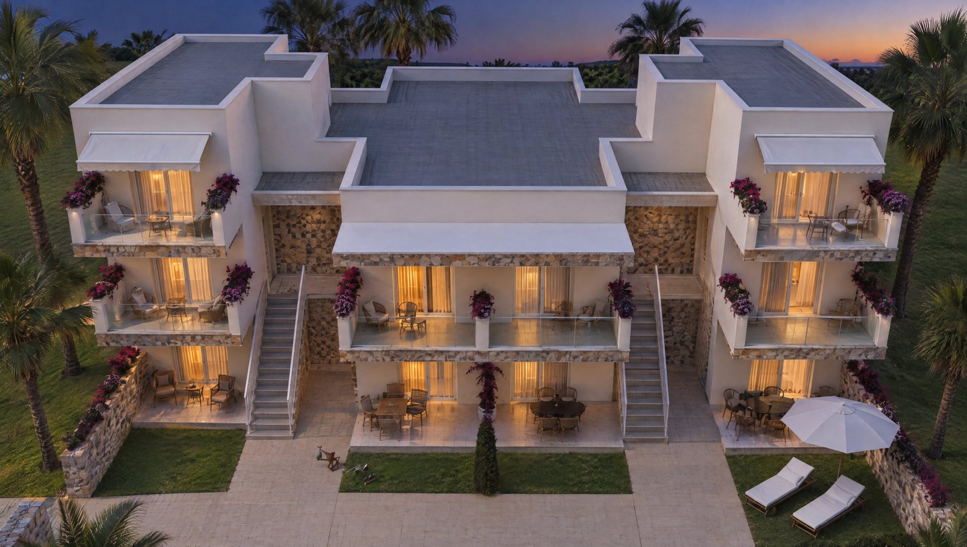 Galini Gardens exterior at blue hour