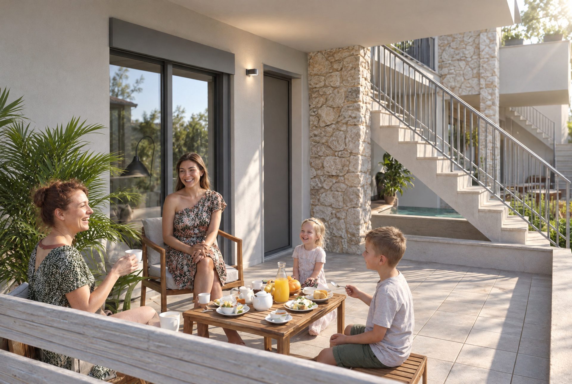 Family having breakfast on a ground-floor terrace at Gardenia 3 beside a limestone pier and external stair