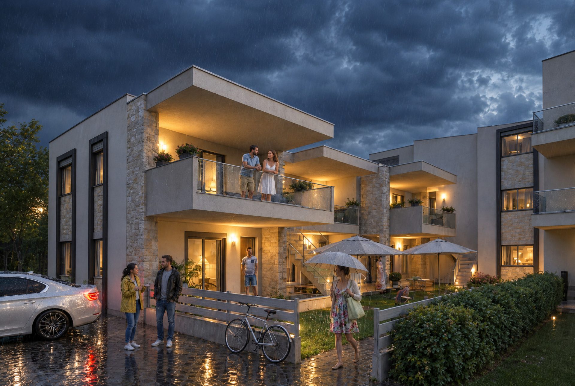 Gardenia 3 apartments at dusk as a summer storm arrives, wet paving reflecting warm lamps