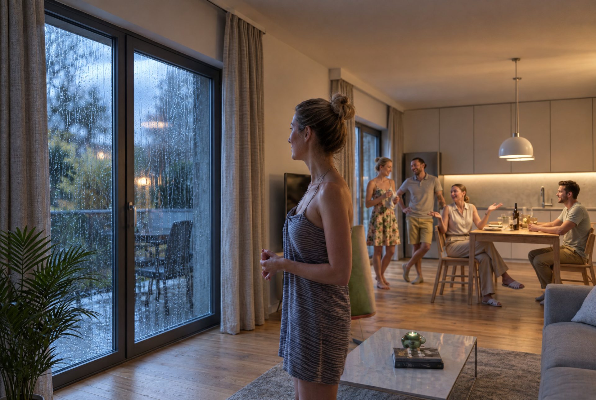 Gardenia 3 apartment interior with friends at the dining table and rain on the sliding glass door