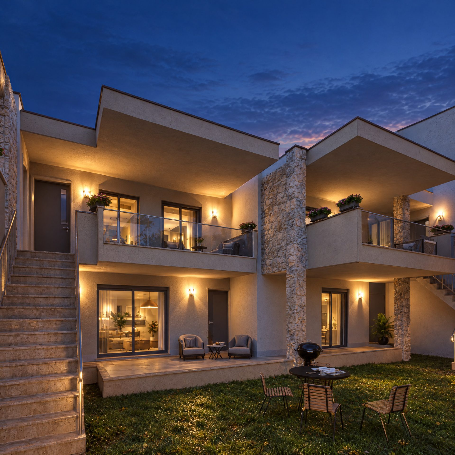 Gardenia 3 courtyard elevation at blue hour with glowing wall lamps and lit interiors