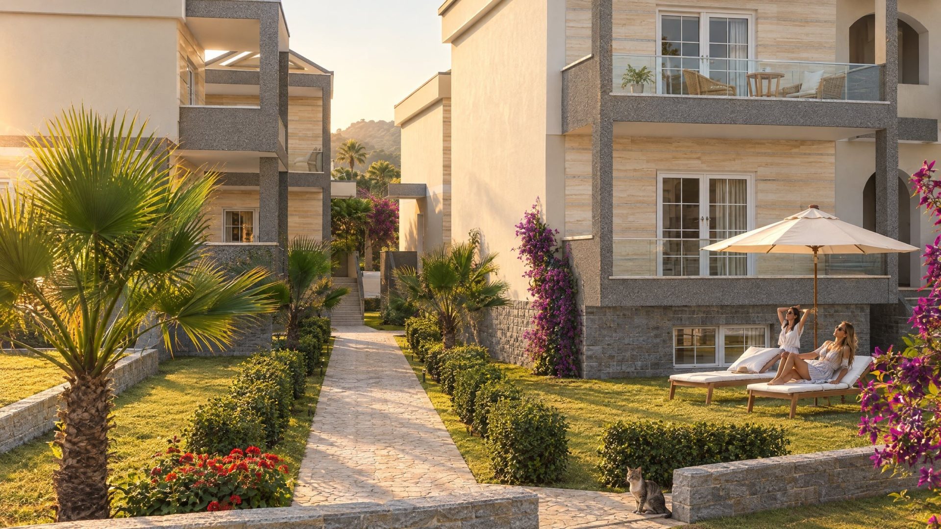 Gerakini Residence exterior at golden hour