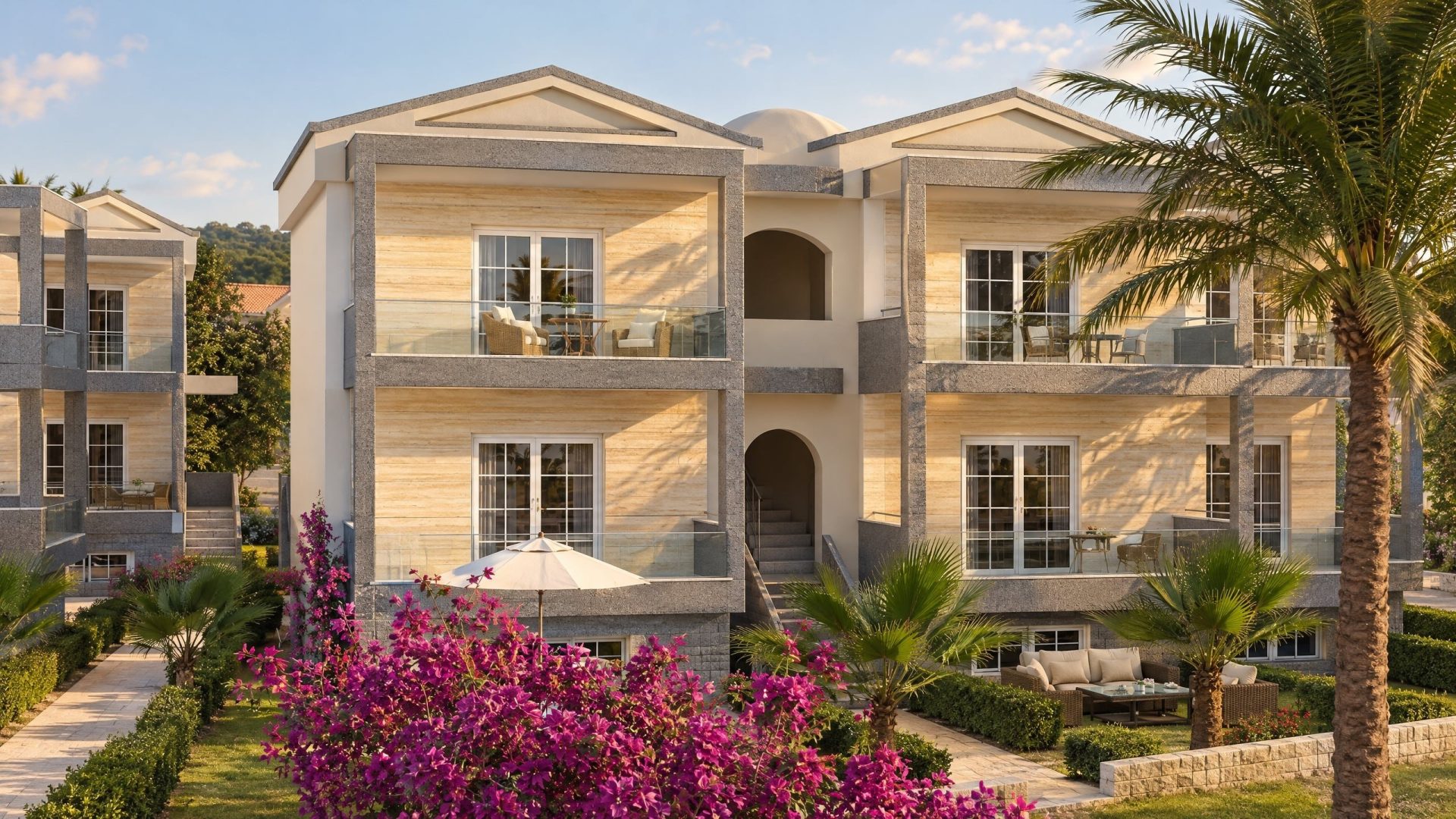 Gerakini Residence exterior at golden hour