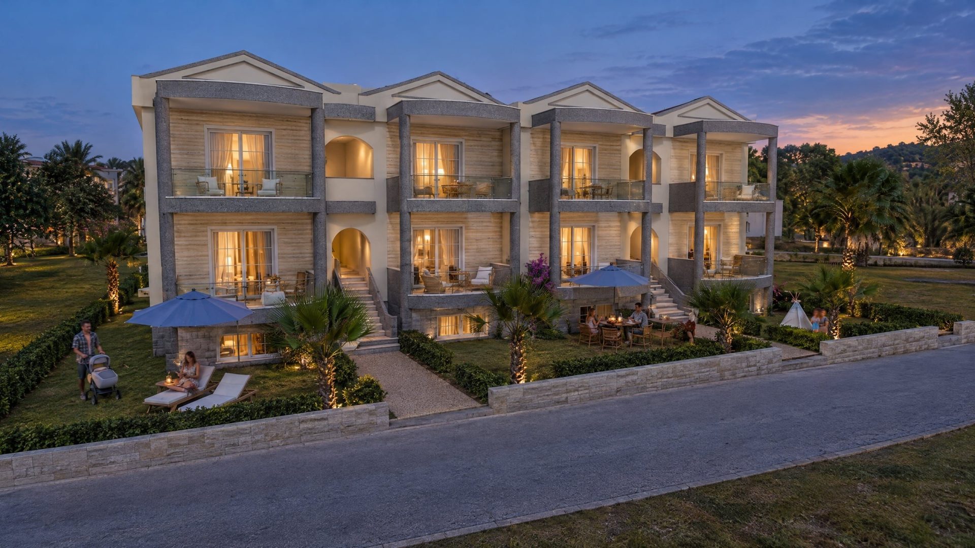 Gerakini Residence exterior at blue hour