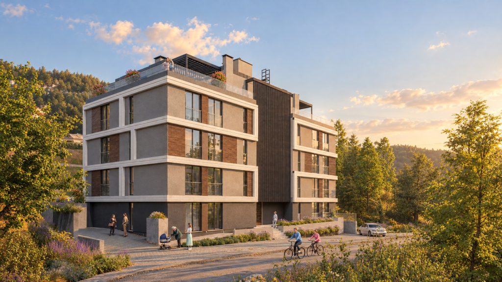 Hill Gardens residence at golden hour, southwest street corner, Shumen