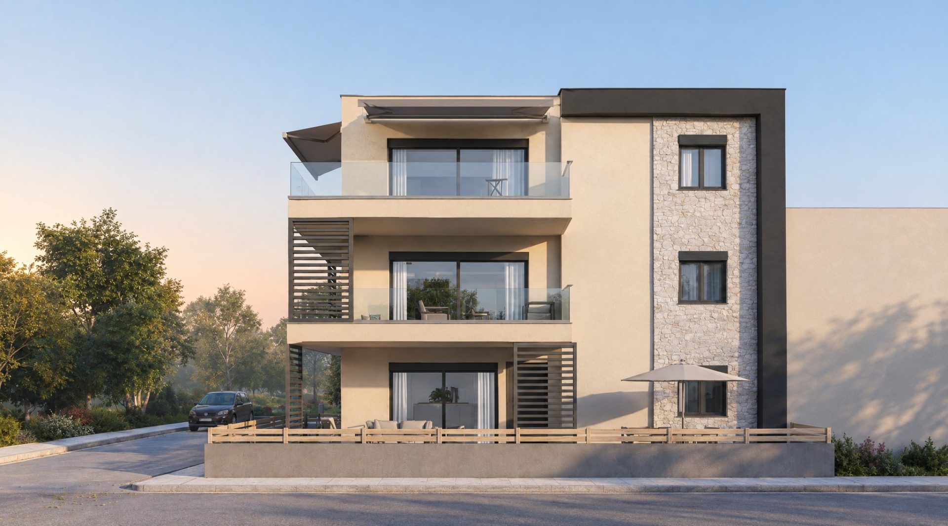 Keli Residence front elevation at first light