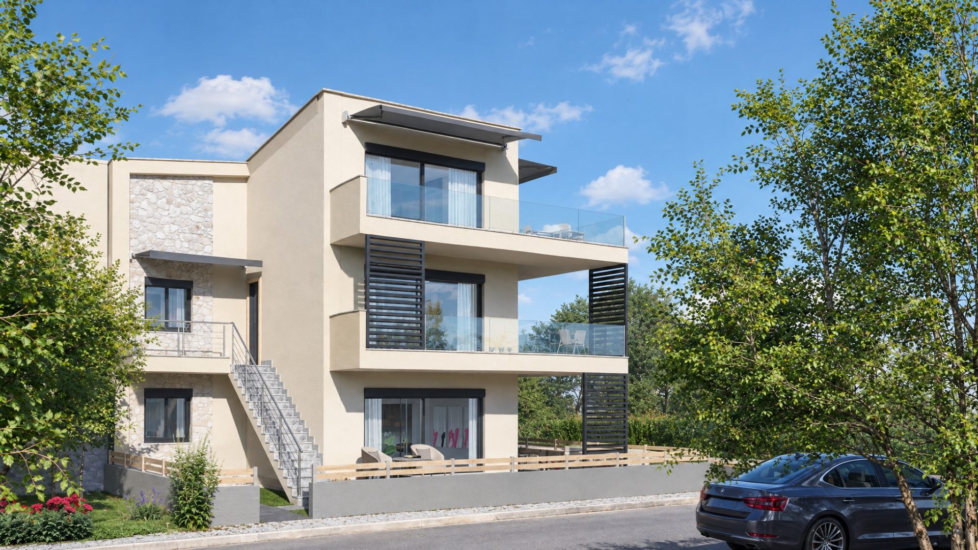 Keli Residence side elevation with the outdoor stone stair, mid-morning