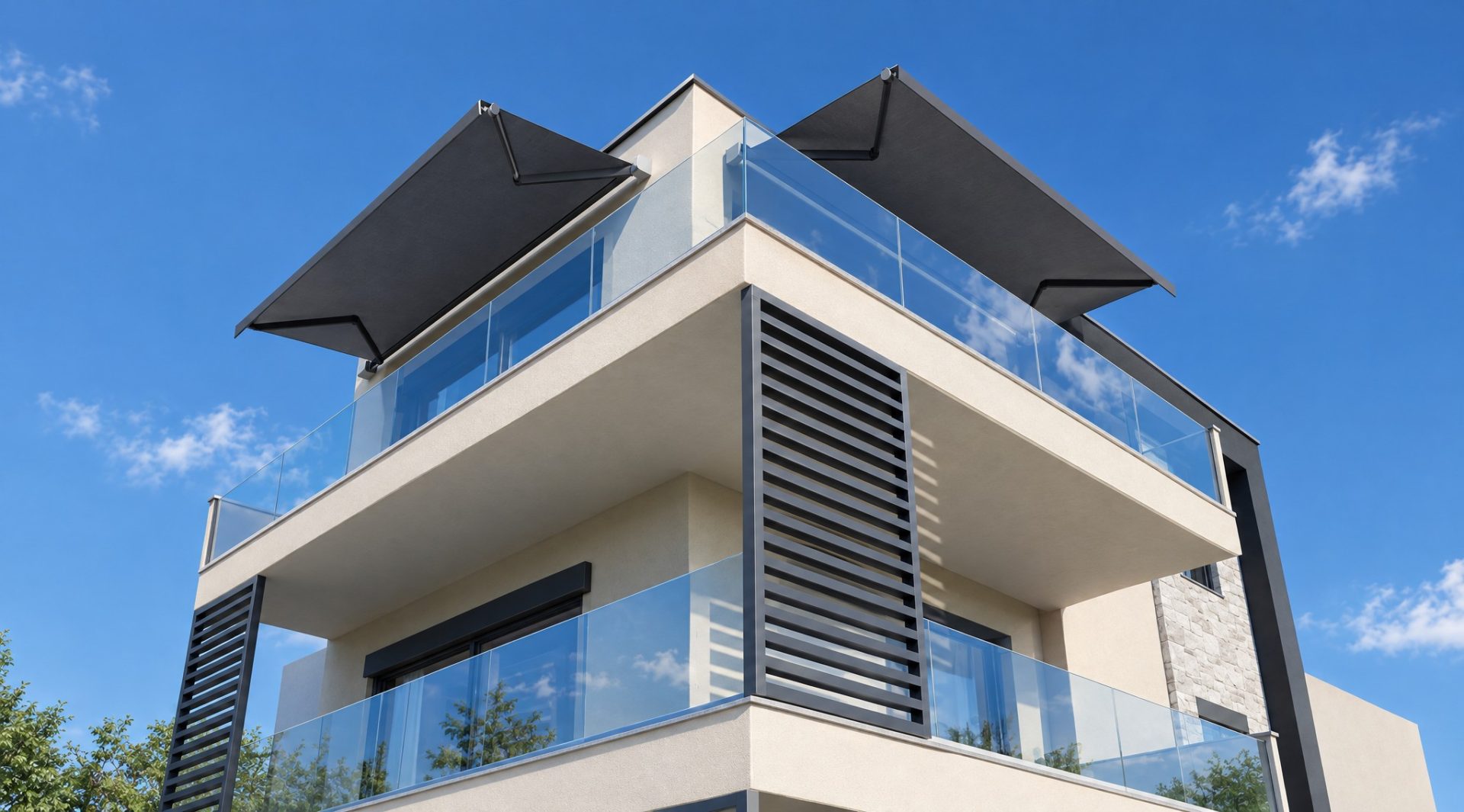 Worm’s-eye view of the balconies and awnings of Keli Residence, early afternoon