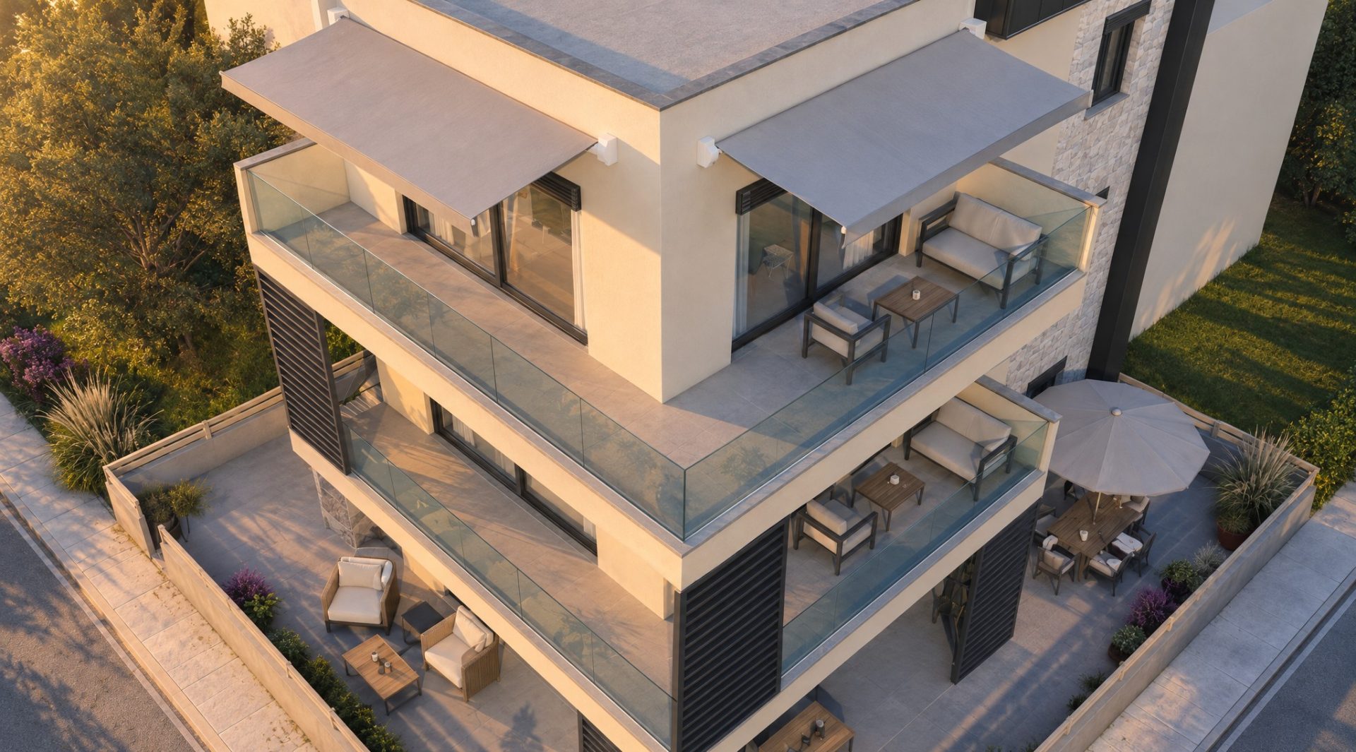 Aerial view of Keli Residence balconies and terrace at golden hour