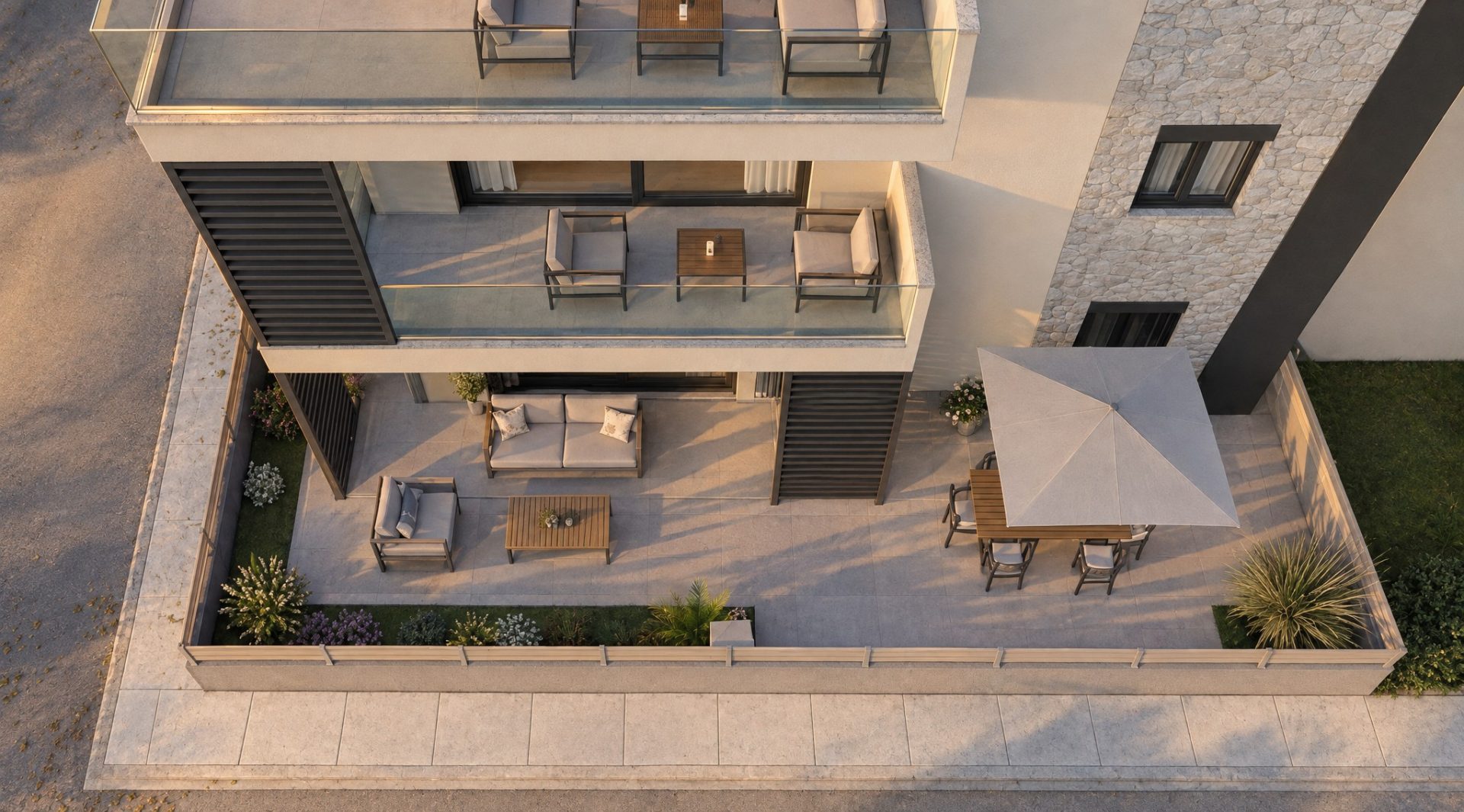 Top-down view of the garden terrace at golden hour