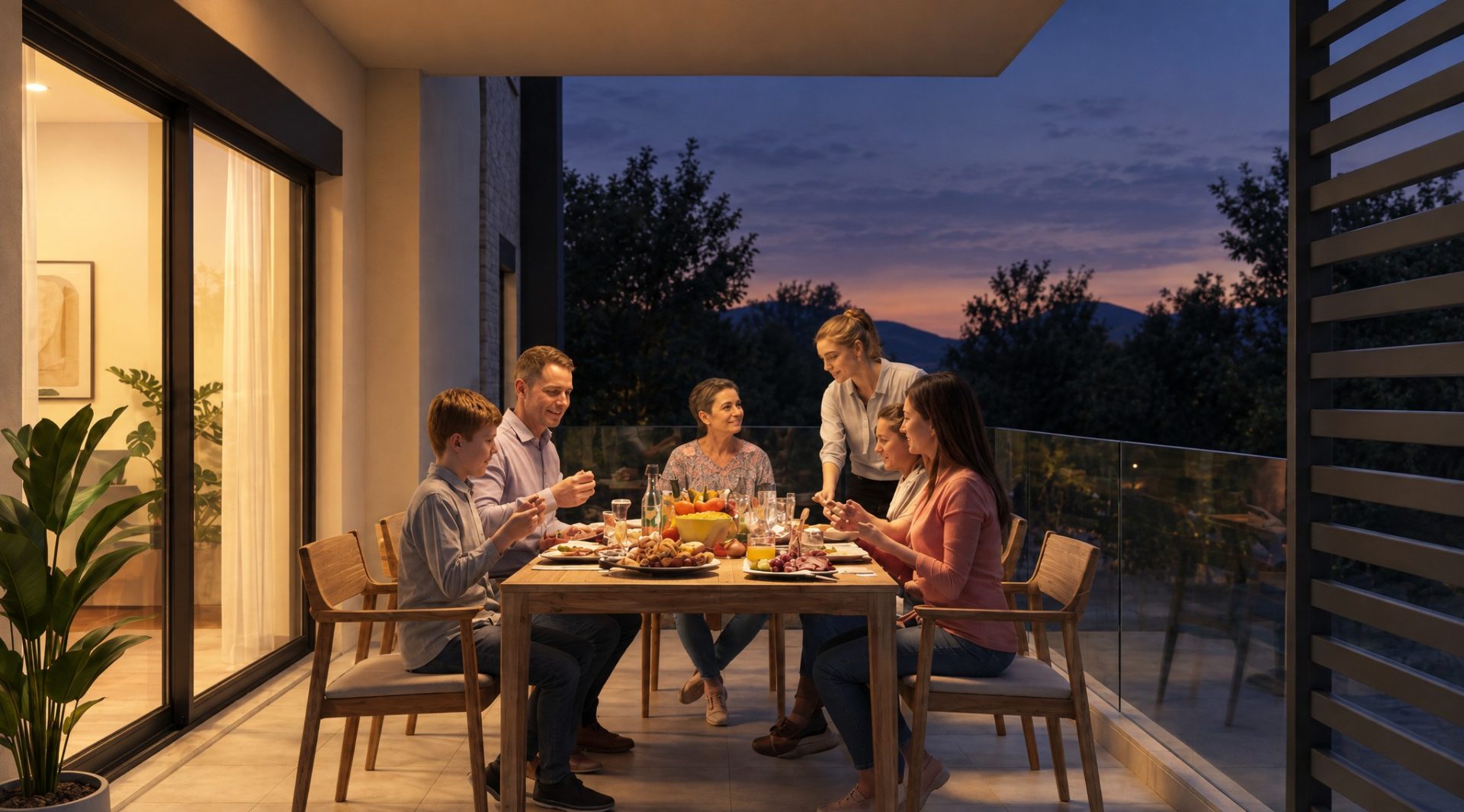 Family dinner on the covered terrace at blue hour