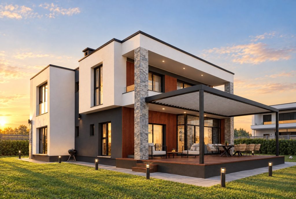 Kostinbrod Residence terrace corner at golden hour