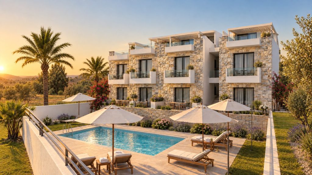 Nea 2 Residence pool elevation at golden hour, natural stone facade, pool deck with umbrellas and loungers, Nea Peramos, Greece
