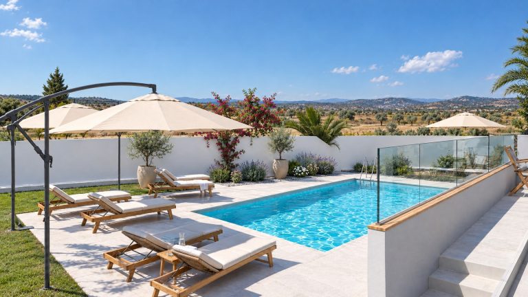 Nea 2 Residence pool deck with loungers and umbrellas in afternoon sun