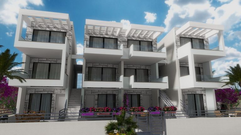Original 3D render of the Nea 2 Residence street elevation, close view