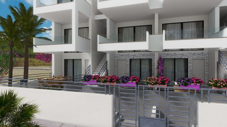 Original 3D render of the Nea 2 Residence ground-floor terraces