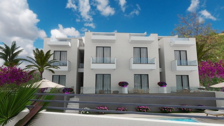 Original 3D render of an alternative white pool elevation for Nea 2 Residence, frontal
