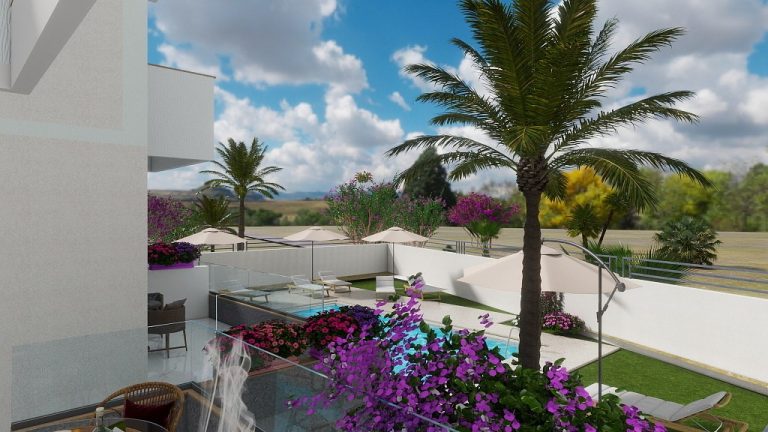 Original 3D render of the Nea 2 Residence side garden and pool