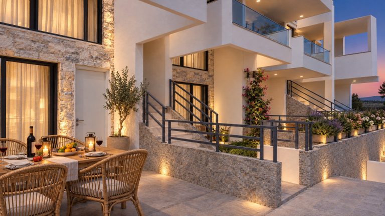Candlelit dining table on the Nea 2 Residence terrace at dusk