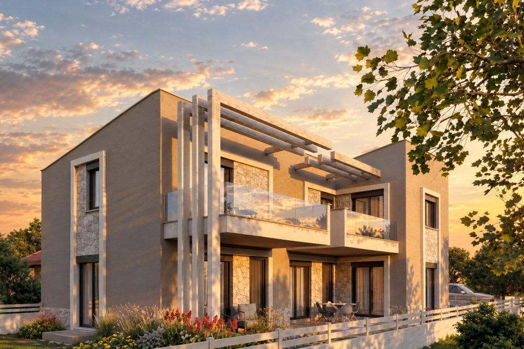 Nea Iraklitsa residence at golden hour, three-quarter view of the pergola facade