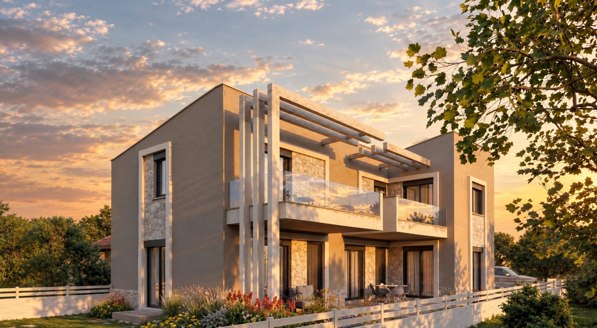 Nea Iraklitsa residence by Touzla Constructions at golden hour, pergola facade with glass balconies