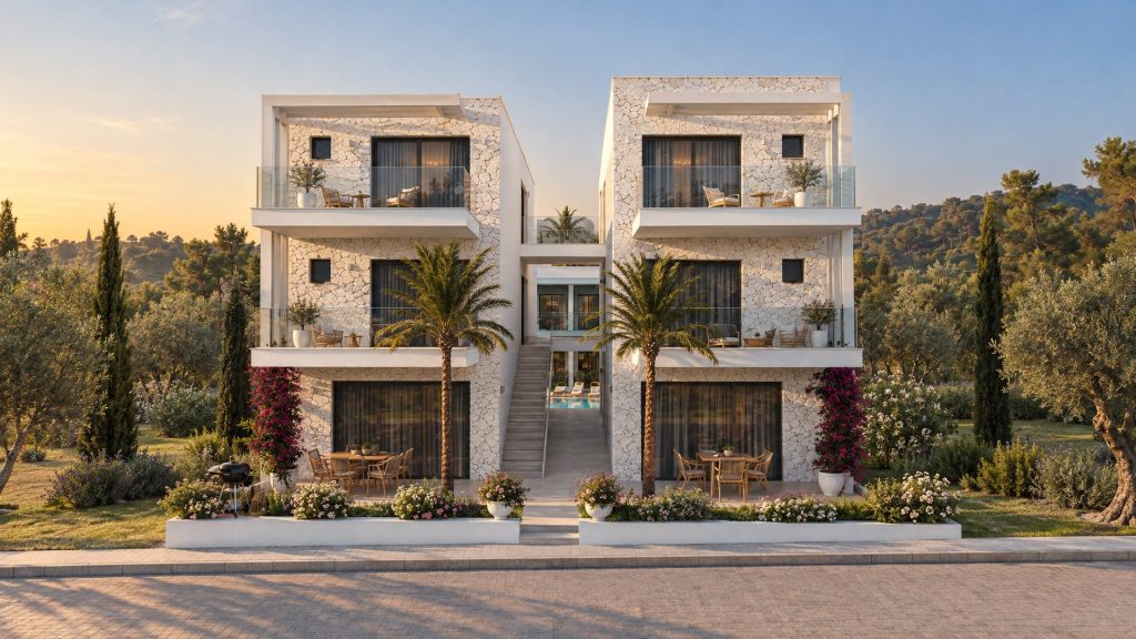 Two white stone residential buildings with furnished balconies at golden hour, Nea Peramos