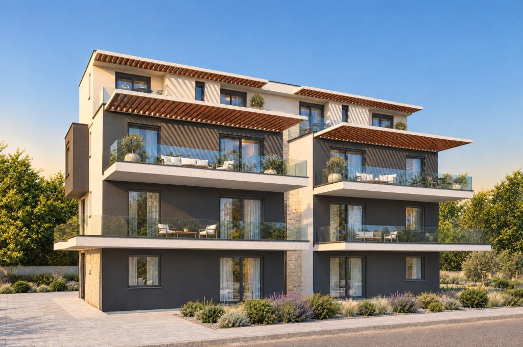 Nefeli Residence street corner at golden hour, timber pergolas casting long stripes over furnished terraces