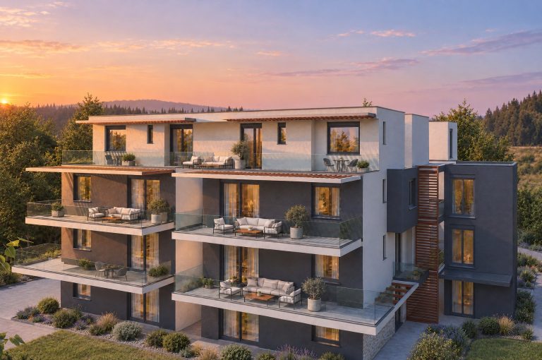 Πίσω όψη του Nefeli Residence με επιπλωμένες βεράντες με πέργκολες στο ηλιοβασίλεμα