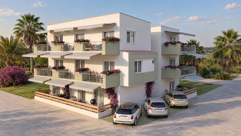 Nika Residence exterior at golden hour