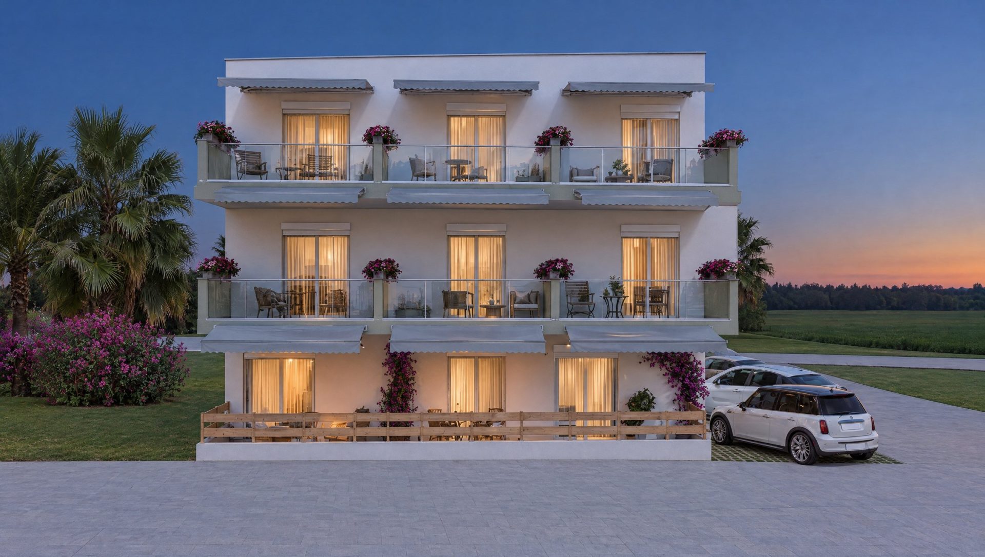 Nika Residence exterior at blue hour