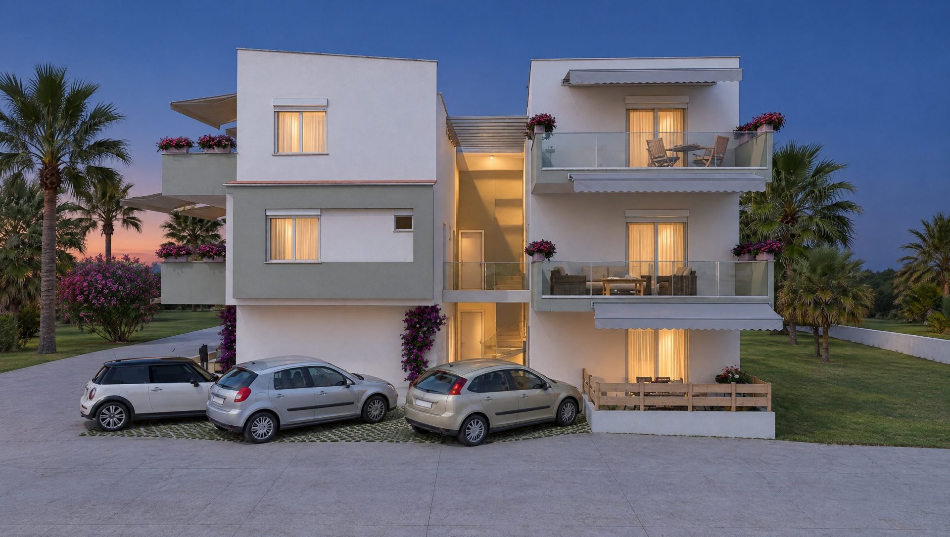 Nika Residence exterior at blue hour