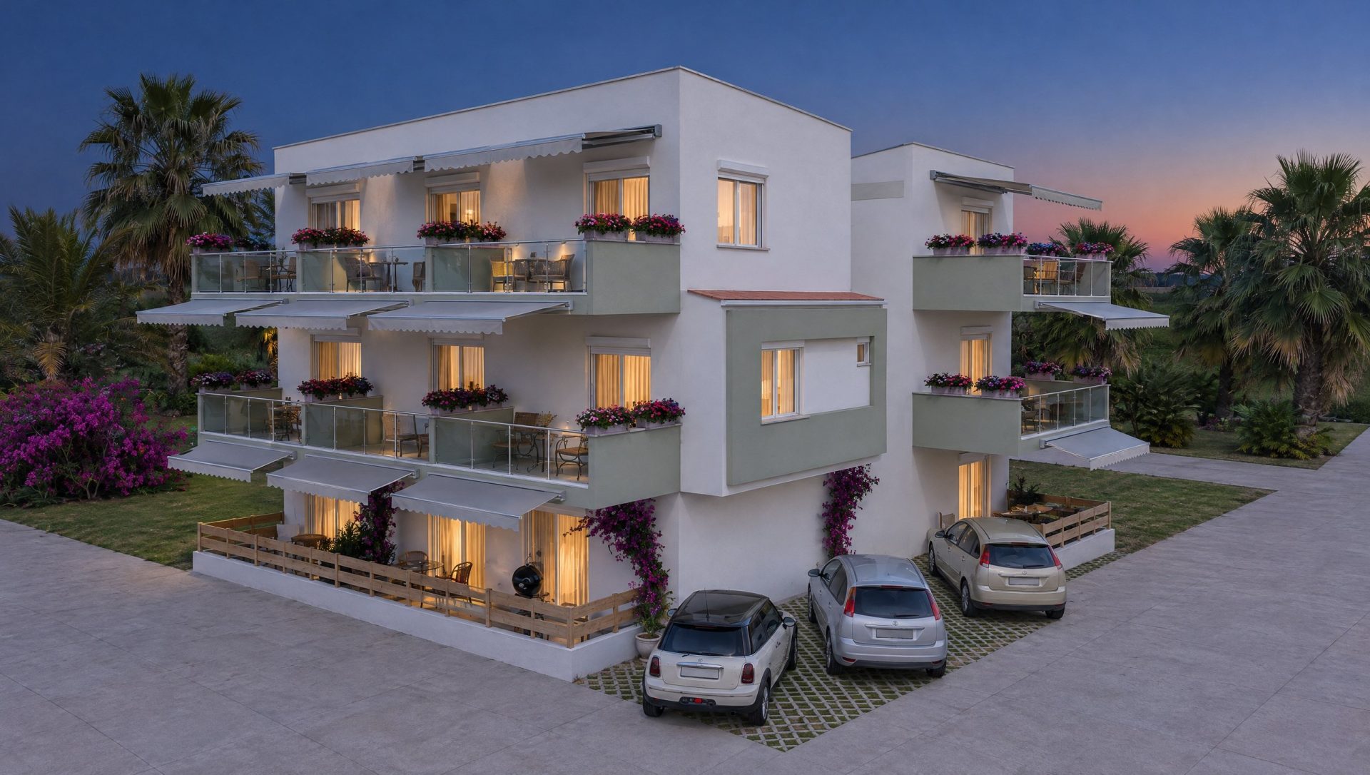 Nika Residence exterior at blue hour