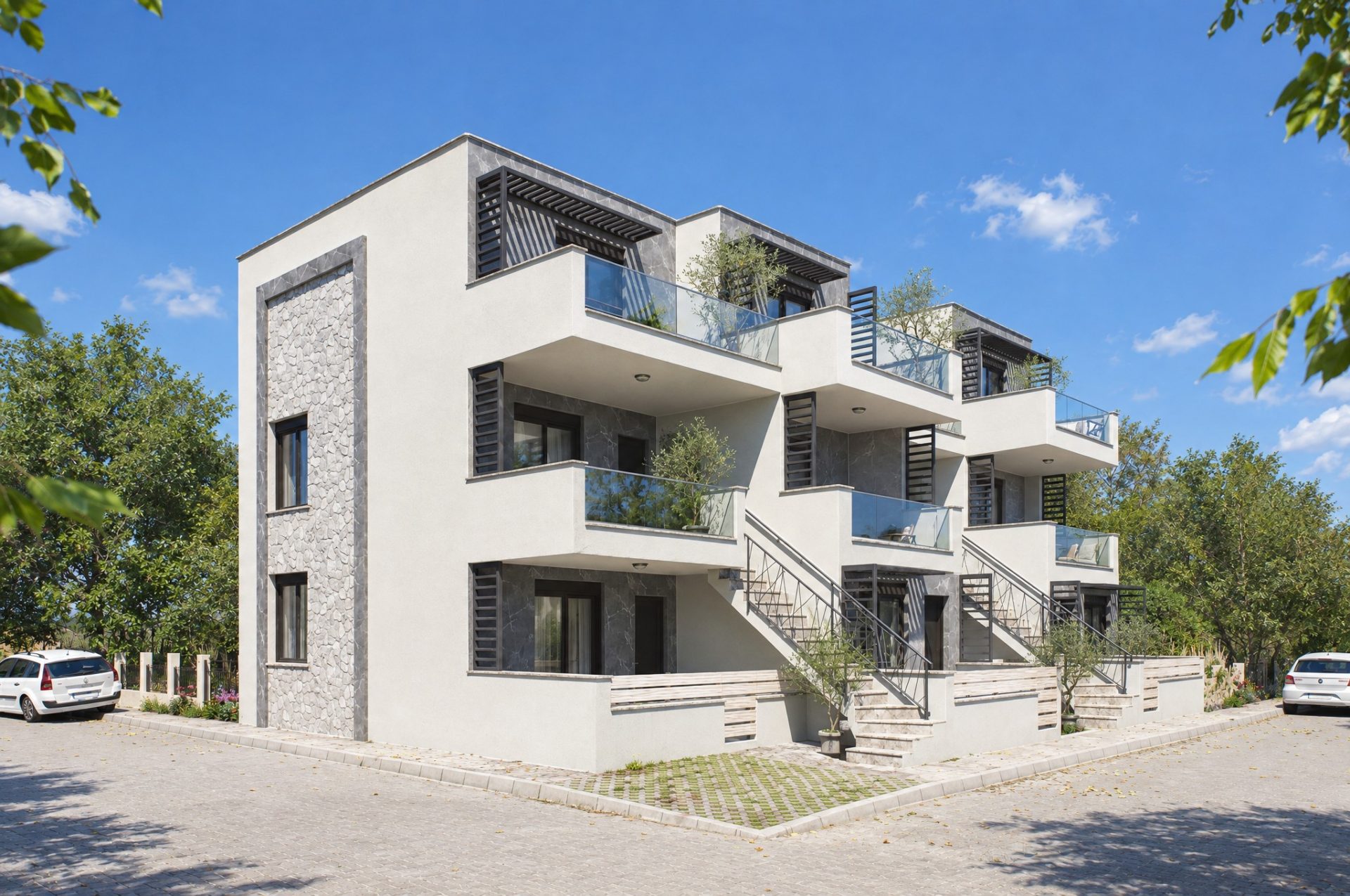 Nika 2 Residence street corner with flagstone side wall, mid-morning