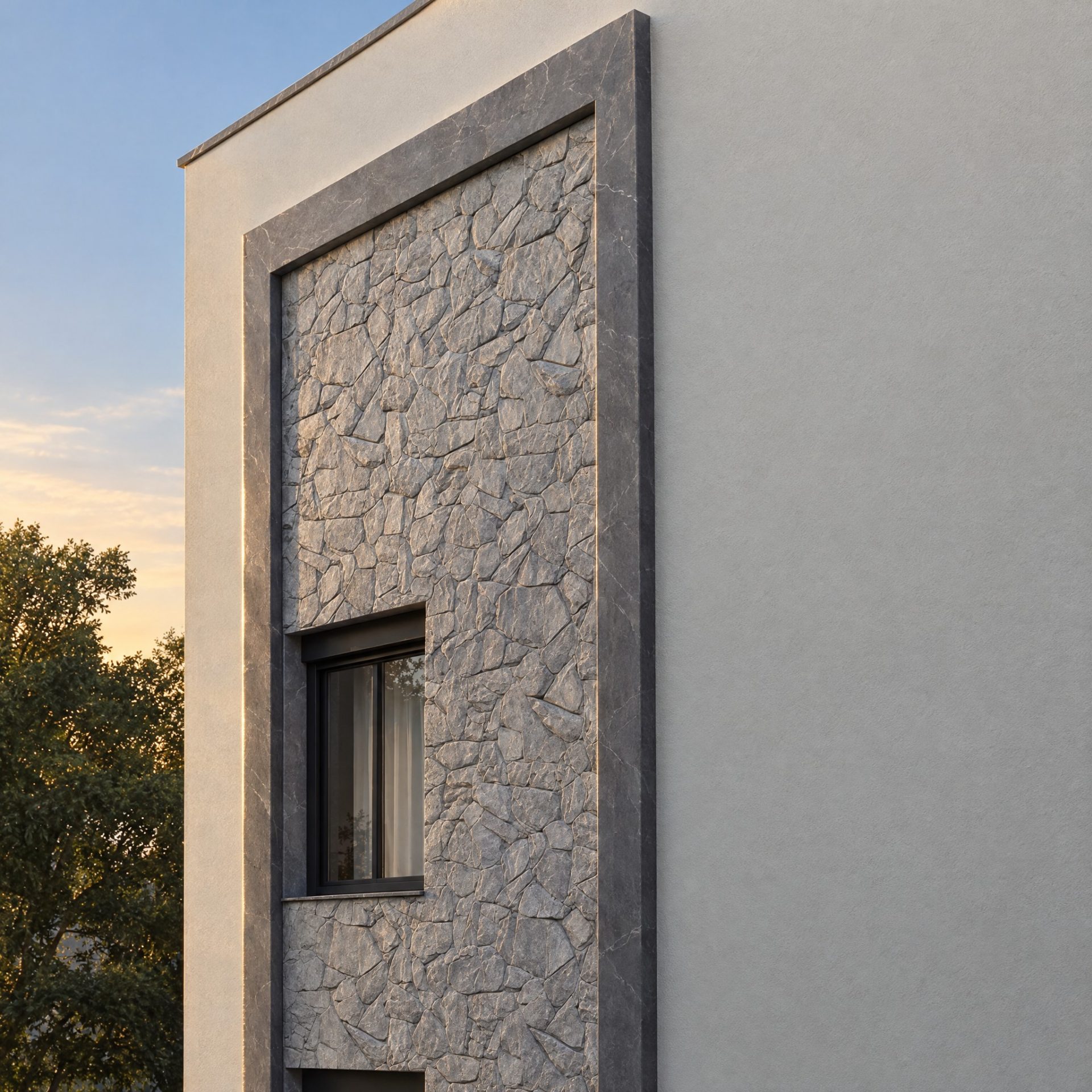 Flagstone side-wall panel of Nika 2 Residence in grazing late-afternoon sun