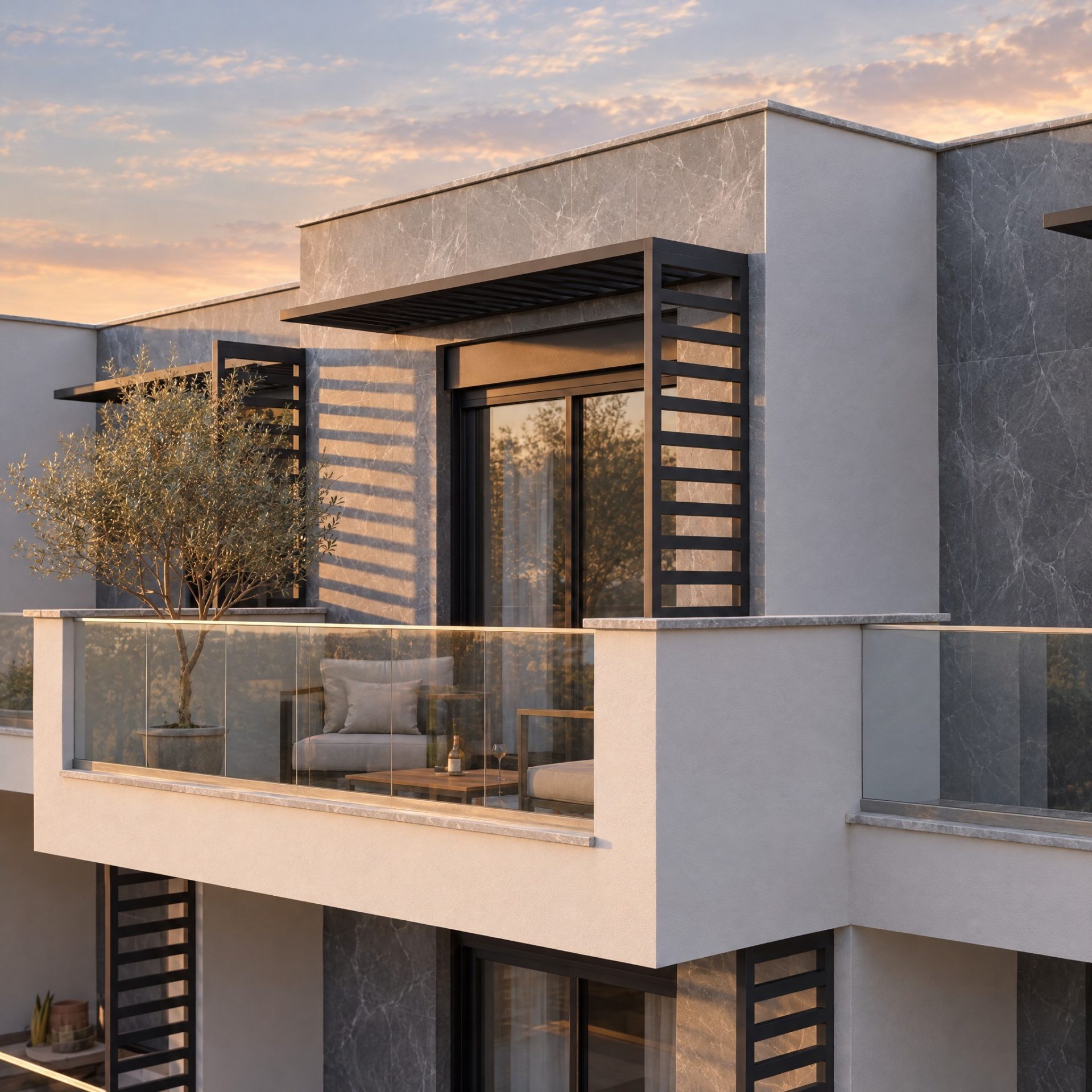 Nika 2 Residence upper terrace and pergola at golden hour