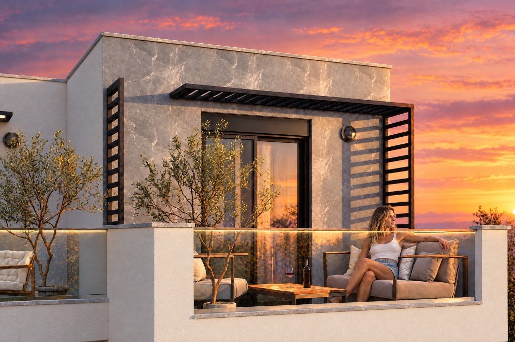 Woman relaxing on the Nika 2 Residence roof terrace at sunset