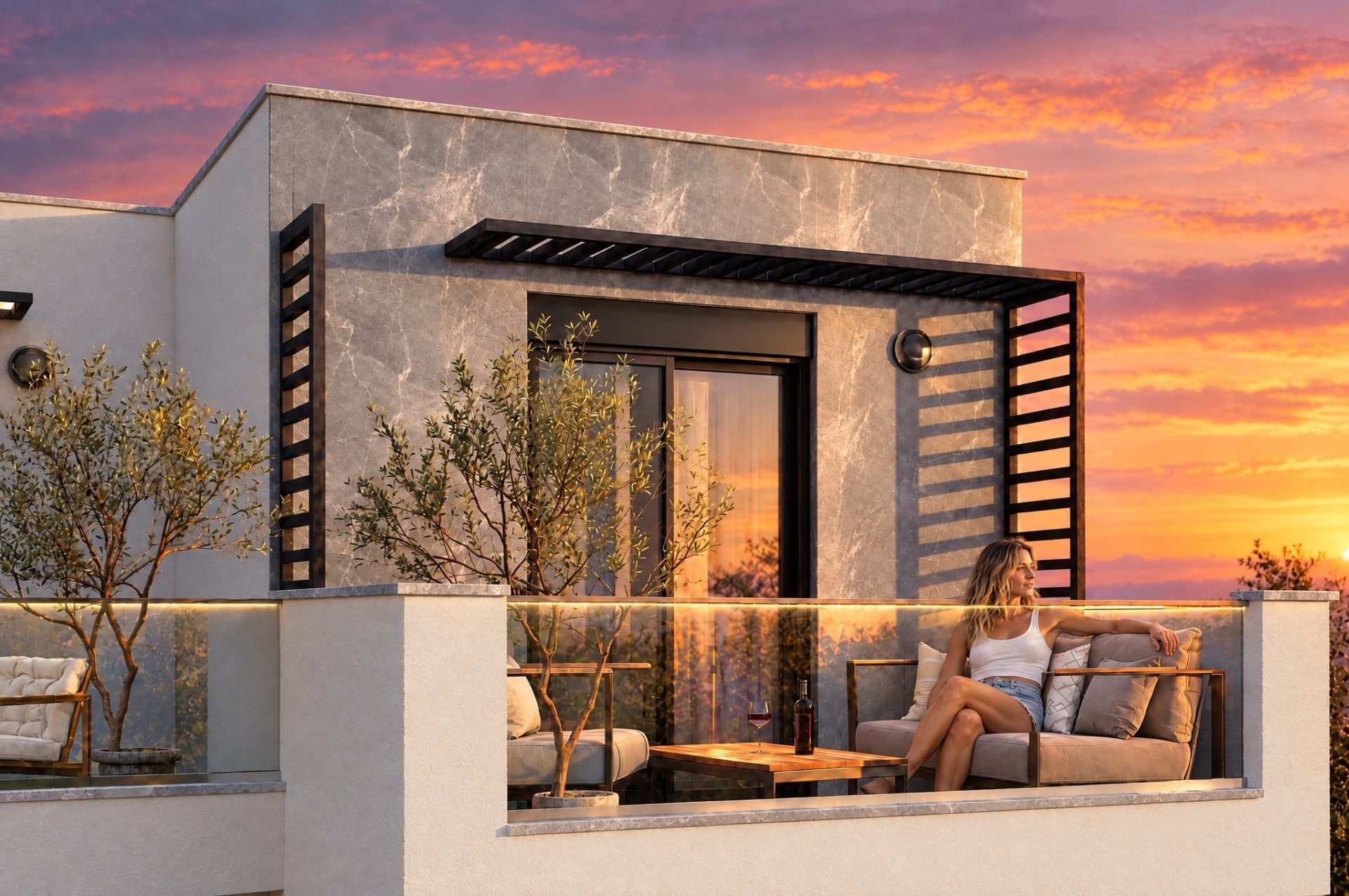 Woman relaxing on the Nika 2 Residence roof terrace at sunset